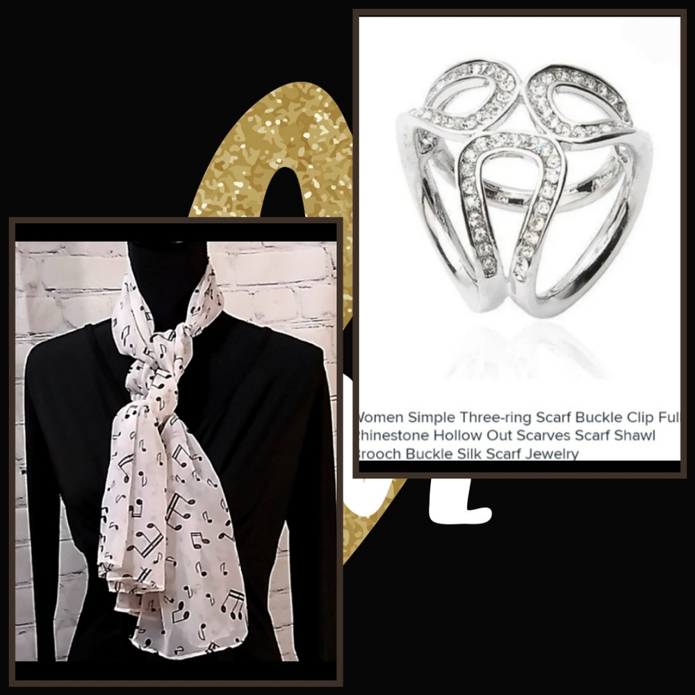 Black Music Note Print Wrap Scarf White + Scarf Buckle Gold Or Silver